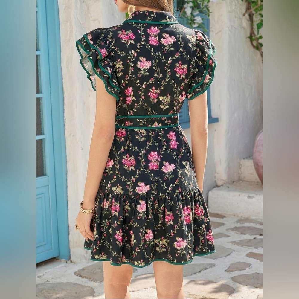Black Floral Ruffle Sleeve Mini Dress | Belted Button Front | Size L - Picture 4 of 4